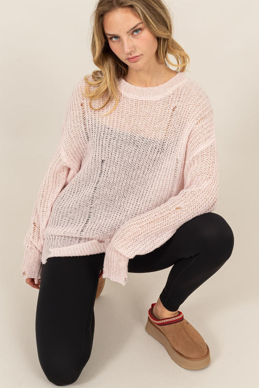 HYFVE Distressed Long Sleeve Knit Top Pale Pink Shirt Apparel Clothing Tops HYFVE Ship from USA Shirts USA Women Trendsi https://www.cyberehub.com