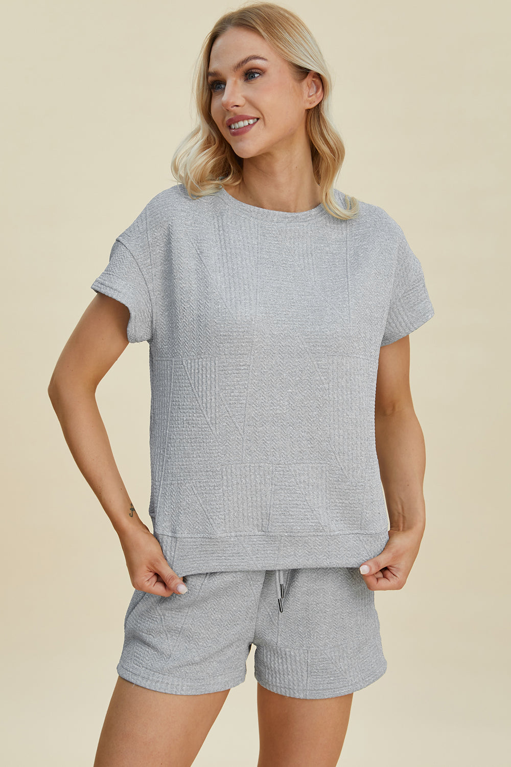 Double Take Full Size Texture Short Sleeve Top and Shorts Set Tops/Jackets/Sweaters Clothing Tops Double Take Outlets 2.20-3.30 Ship from USA TikTok Trendsi USPS Walmart Trendsi https://www.cyberehub.com