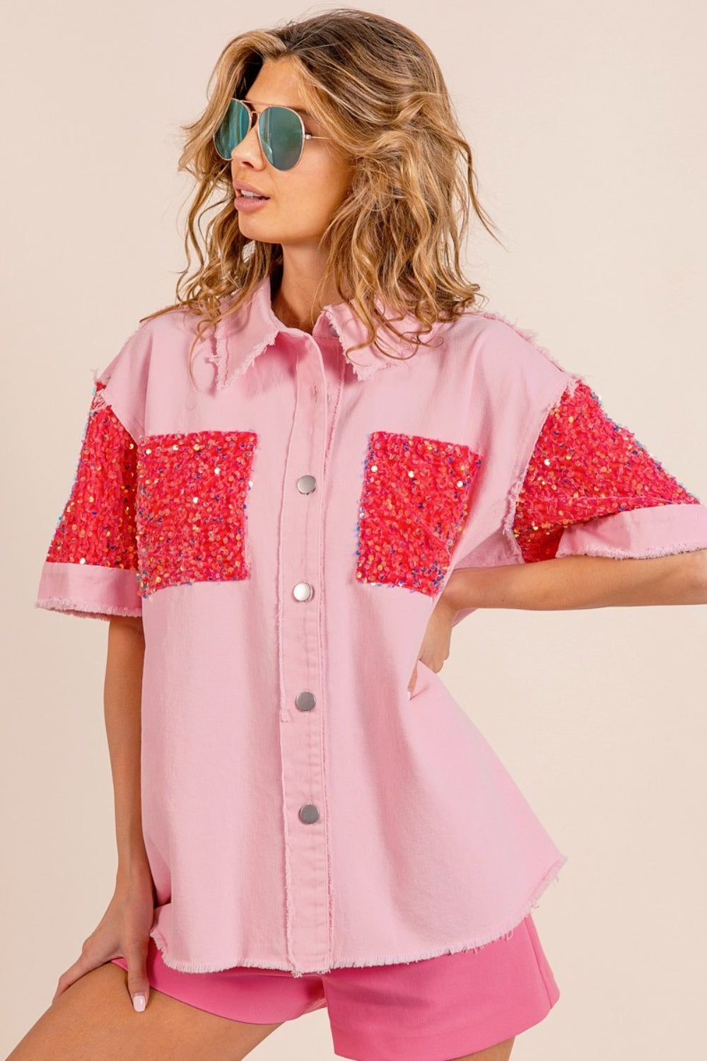BiBi Sequin Detail Raw Hem Short Sleeve Shirt Apparel/Tops BiBi Ship from USA TikTok Tops Trendsi USPS Walmart Walmart Apparel Trendsi https://www.cyberehub.com