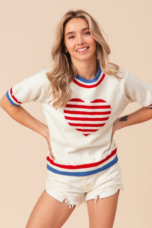 BiBi US Flag Theme Striped Heart Sweater Ivory Shirt Apparel BiBi Clothing Tops Ship from USA Shirts USA Women Trendsi https://www.cyberehub.com