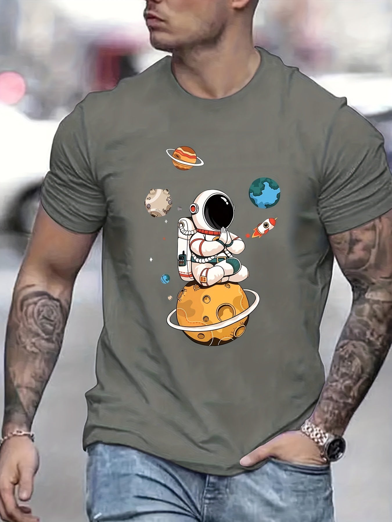 Summer Men's Casual Street Style Elastic Round Neck T-shirt With Cartoon Astronaut And Planet Patterns Apparel/Shirt/Graphic Shirt SNULLO https://www.cyberehub.com