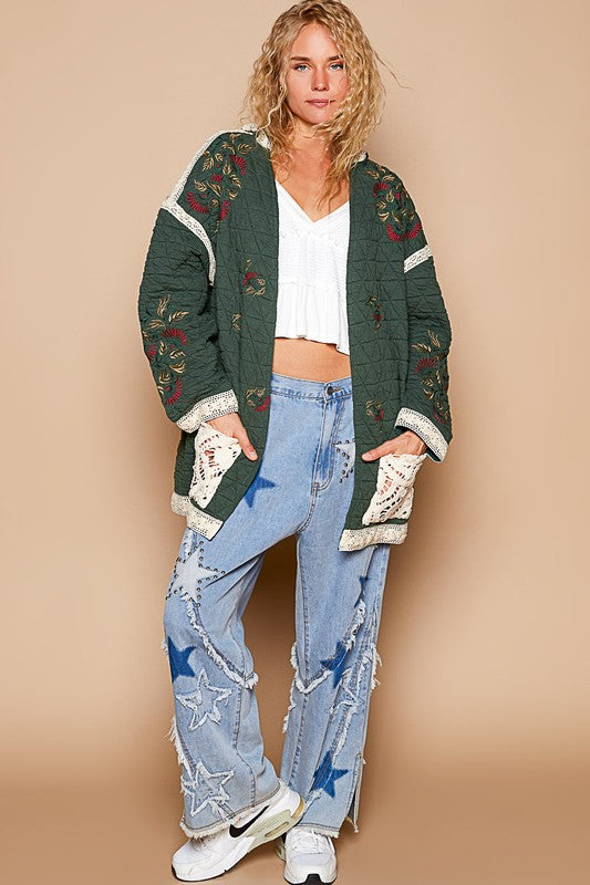 POL Embroidered Open Front Quilted Jacket with Crochet Pockets Tops/Jackets/Sweaters Clothing Tops POL Ship from USA TikTok Trendsi USPS Walmart Trendsi https://www.cyberehub.com