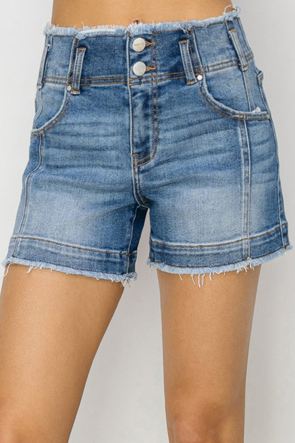 RISEN High Rise Seam Detailed Raw Edge Denim Shorts Medium Bottoms Bottoms Clothing Pants RISEN Ship from USA Women Trendsi https://www.cyberehub.com
