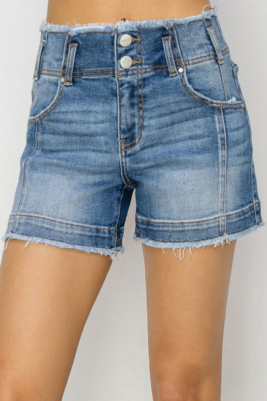RISEN High Rise Seam Detailed Raw Edge Denim Shorts Medium Bottoms Bottoms Clothing Pants RISEN Ship from USA Women Trendsi https://www.cyberehub.com