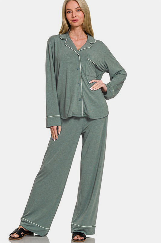 Zenana Button Down Long Sleeve Top and Pants Lounge Set Sage Apparel Apparel Ship from USA TikTok Trendsi Zenana Trendsi https://www.cyberehub.com