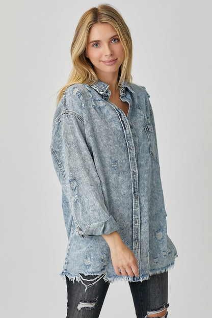 RISEN Distressed Raw Hem Denim Shirt Apparel/Tops RISEN Ship from USA TikTok Tops Trendsi USPS Walmart Walmart Apparel Trendsi https://www.cyberehub.com