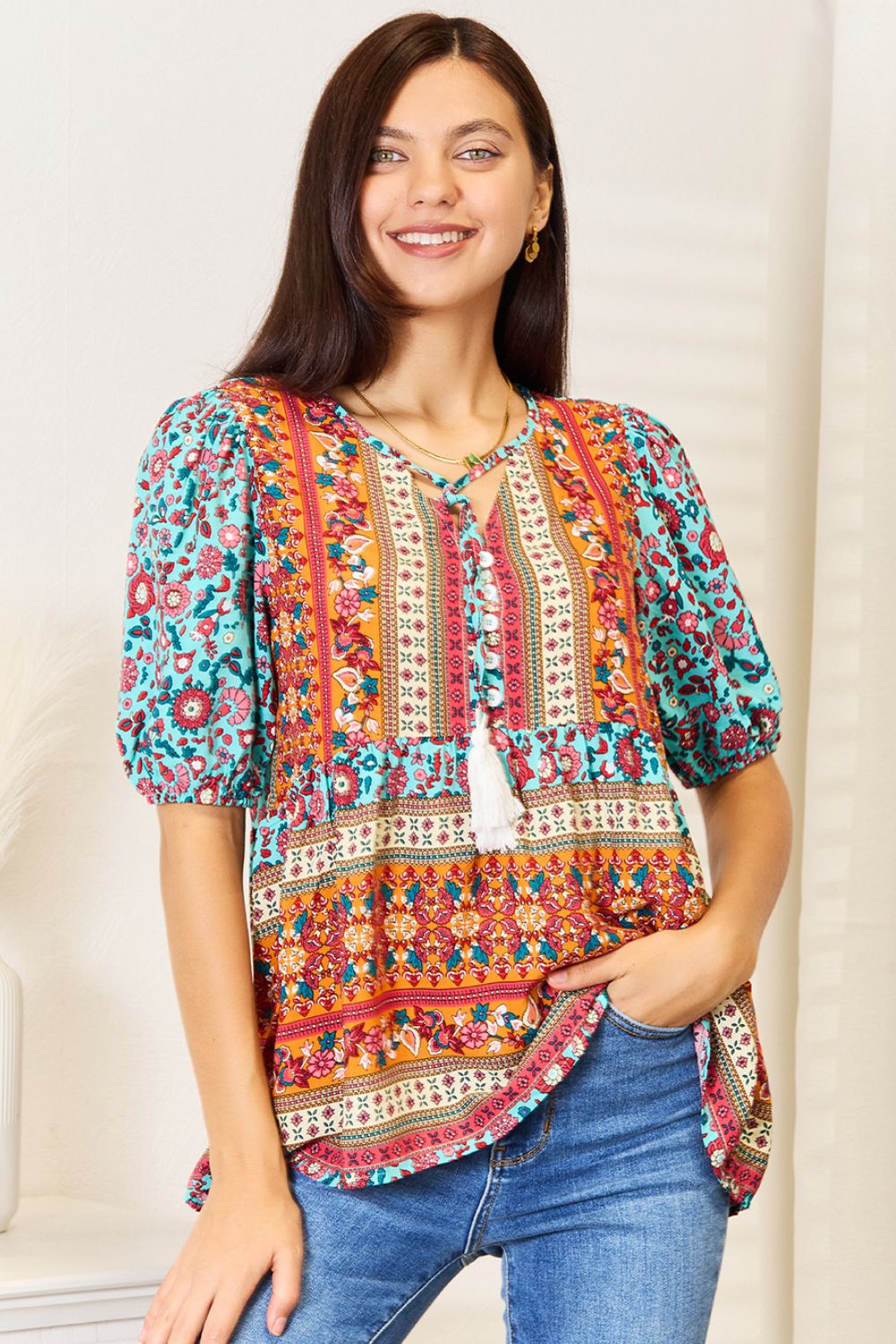 Devine Bohemian Tassel Tie Puff Sleeve Babydoll Blouse Light Blue Apparel/Tops Doorbusters Double Take Ship from USA TikTok Tops Trendsi USPS Walmart Walmart Apparel Trendsi https://www.cyberehub.com
