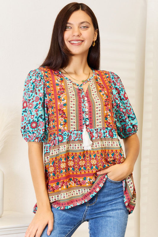 Devine Bohemian Tassel Tie Puff Sleeve Babydoll Blouse Light Blue Apparel/Tops Doorbusters Double Take Ship from USA TikTok Tops Trendsi USPS Walmart Walmart Apparel Trendsi https://www.cyberehub.com