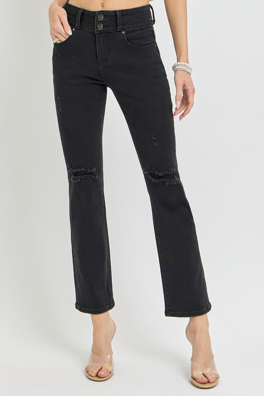 RISEN Full Size High Rise Wide Waistband Ankle Bootcut Jeans Black Bottoms Bottoms Clothing RISEN Ship from USA Women Trendsi https://www.cyberehub.com
