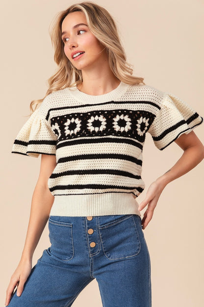 BiBi Granny Square Short Sleeve Striped Sweater Shirt Apparel BiBi Clothing Tops Ship from USA Shirts USA Women Trendsi https://www.cyberehub.com