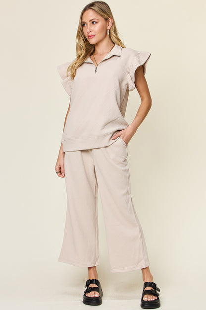 Double Take Texture Ruffle Short Sleeve Top and Drawstring Wide Leg Pants Set Dust Storm Apparel/Tops Double Take Ship from USA TikTok Tops Trendsi USPS Walmart Walmart Apparel Trendsi https://www.cyberehub.com