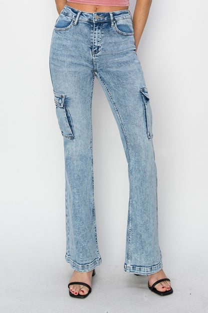 RISEN Full Size High Rise Cargo Flare Jeans Bottoms Bottoms Clothing RISEN Ship from USA Women Trendsi https://www.cyberehub.com