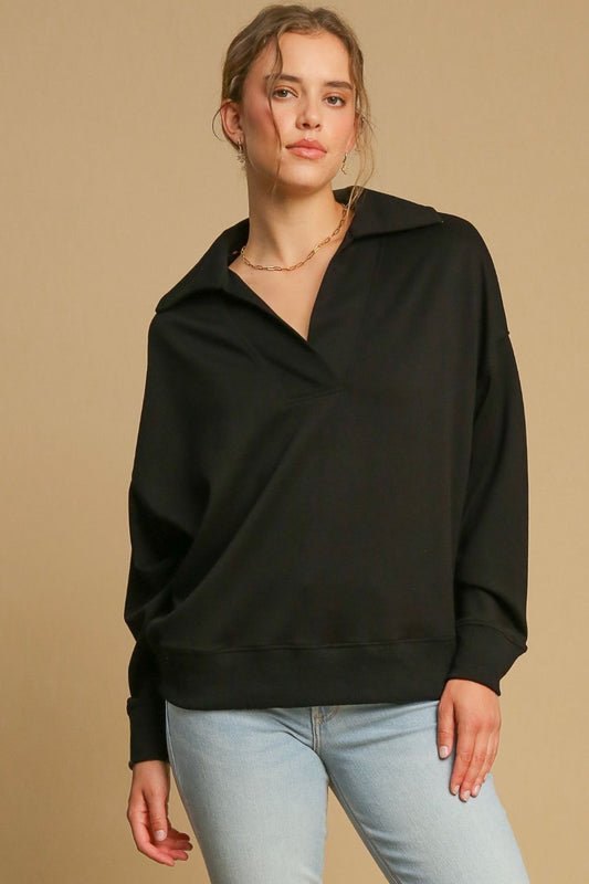 Umgee Johnny Collar Dropped Shoulder Sweatshirt Black Apparel/Tops Ship from USA TikTok Tops Trendsi Umgee USA USPS Walmart Walmart Apparel Trendsi https://www.cyberehub.com