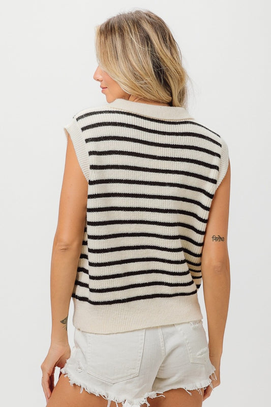 BiBi Flower Patch Striped Half Button Sweater Vest Shirt Apparel BiBi Clothing Tops Ship from USA Shirts USA Women Trendsi https://www.cyberehub.com