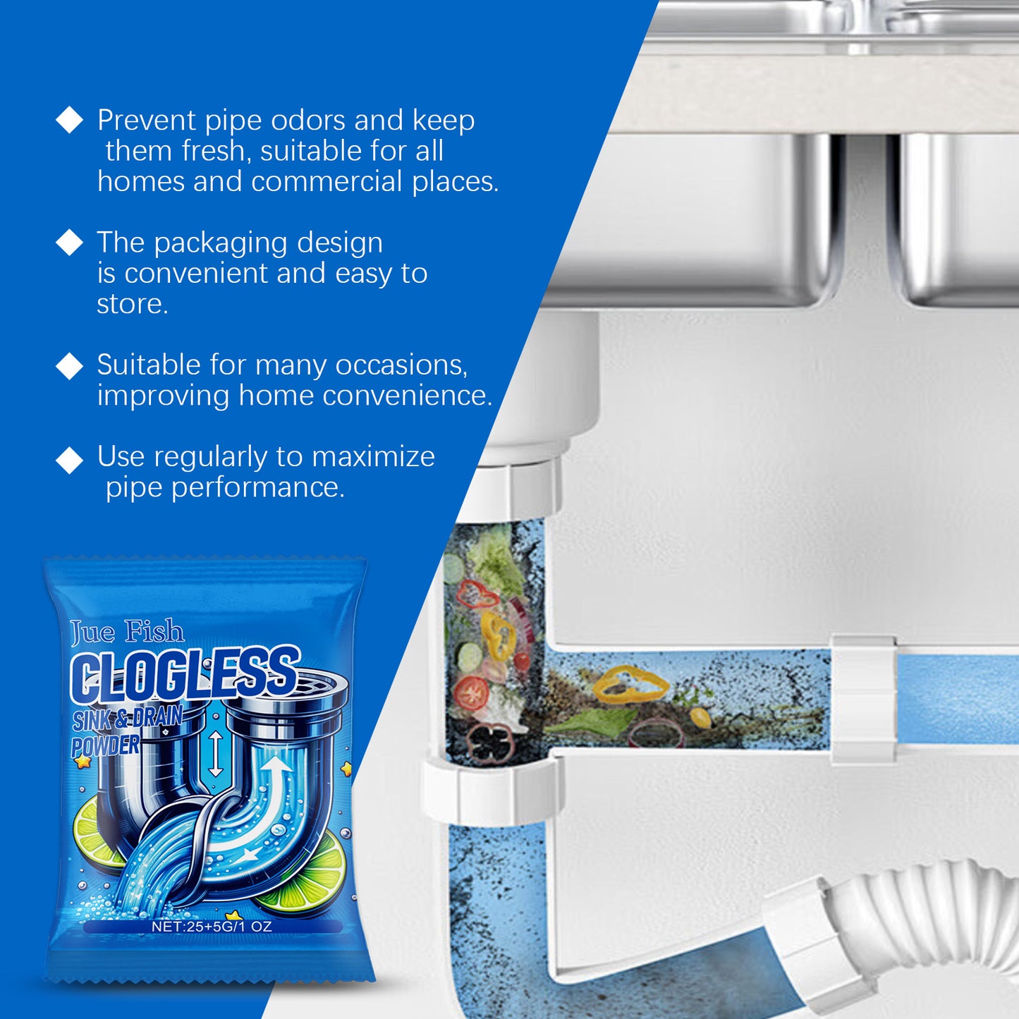 Jue-Fish Drain Remover Kitchen Toilet Drain Powder Oil Clogging Deodorant Cleaning Remover Home & Garden Home Goods Eprolo https://www.cyberehub.com