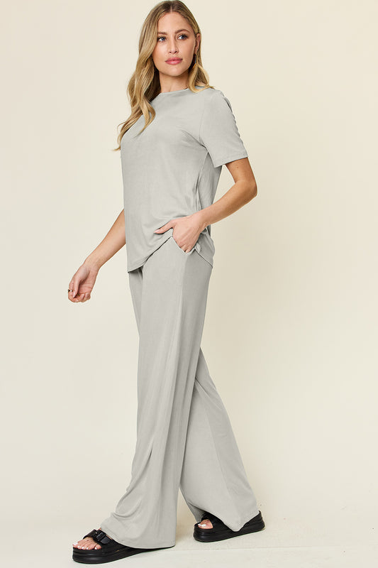 Double Take Full Size Round Neck Short Sleeve T-Shirt and Wide Leg Pants Set Apparel/Tops Double Take Ship from USA TikTok Tops Trendsi USPS Walmart Walmart Apparel Trendsi https://www.cyberehub.com