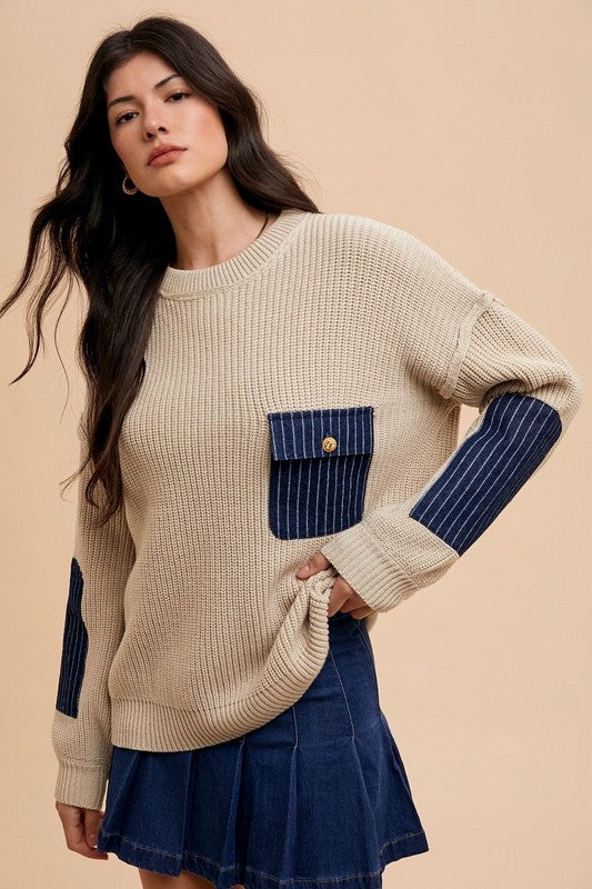 Annie Wear Contrast Round Neck Drop Shoulder Sweater with Patch Pocket Apparel Annie Wear Apparel Ship from USA TikTok Trendsi Trendsi https://www.cyberehub.com