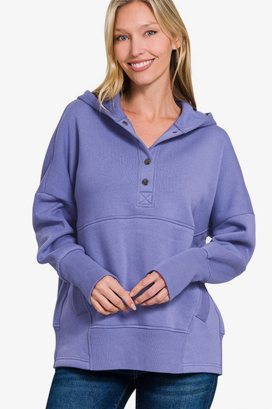 Zenana Half Snap Long Sleeve Hoodie with Kangaroo Pocket Blue Purple Apparel/Tops Ship from USA TikTok Tops Trendsi USPS Walmart Walmart Apparel Zenana Trendsi https://www.cyberehub.com