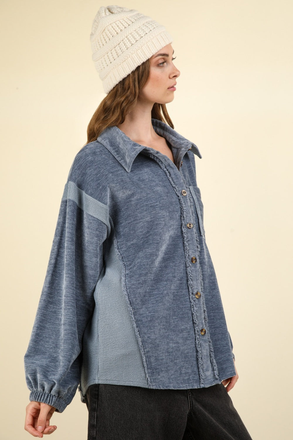 VERY J Mixed Media Button Down Raw Hem Shacket Shirt Apparel Clothing Tops price-change-job-active Ship from USA Shirts USA VERY J Women Trendsi https://www.cyberehub.com