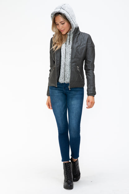 YMI Faux Layered Double-Zipper Jacket with Fuzzy Hood Tops/Jackets/Sweaters Clothing Tops Ship from USA TikTok Trendsi USPS Walmart YMI outerwear Trendsi https://www.cyberehub.com