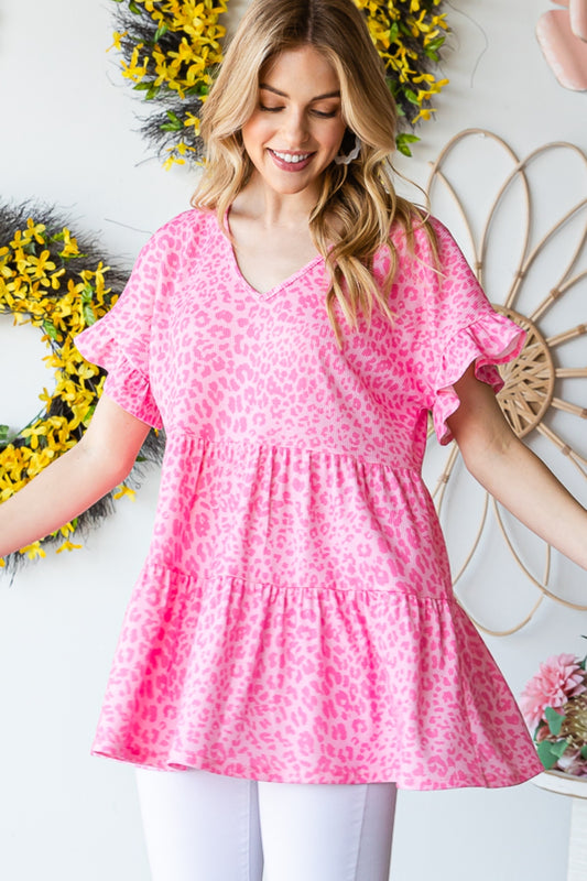 Heimish Full Size Leopard Ruffle Trim Short Sleeve Top PINK Apparel/Tops Heimish Ship from USA TikTok Tops Trendsi USPS Walmart Walmart Apparel Trendsi https://www.cyberehub.com