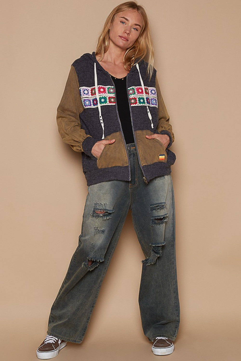 POL Contrast Square Patch Pattern Hooded Zipper Jacket Shirt Apparel Clothing Tops POL Ship from USA Shirts USA Women Trendsi https://www.cyberehub.com