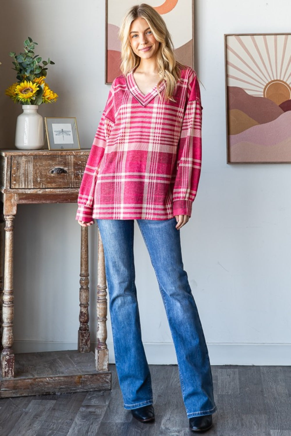 Heimish Plaid Drop Shoulder V-Neck T-Shirt Tops/Jackets/Sweaters Clothing Tops Heimish Ship from USA TikTok Trendsi USPS Walmart Trendsi https://www.cyberehub.com