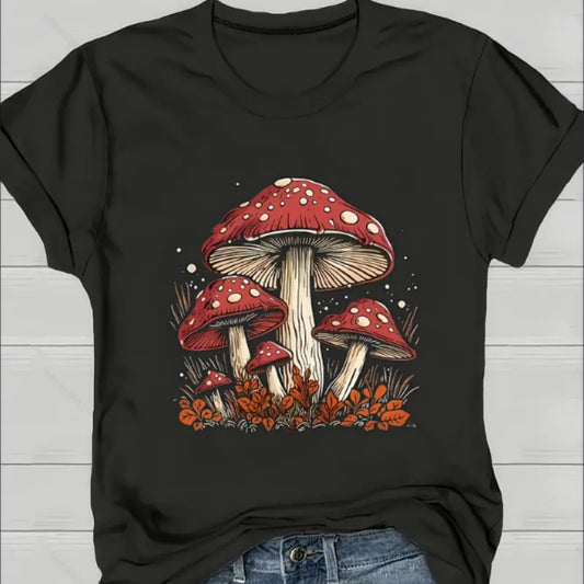 Short Sleeve Mushroom Print Crew Neck T-Shirt For Spring & Summer, Women's Casual Clothing Apparel/Shirt/Graphic Shirt SNULLO https://www.cyberehub.com