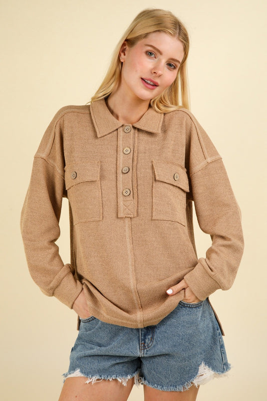 VERY J Collared Half Button Knit Top with Pockets Taupe Shirt Apparel Clothing Tops price-change-job-active Ship from USA Shirts USA VERY J Women Trendsi https://www.cyberehub.com