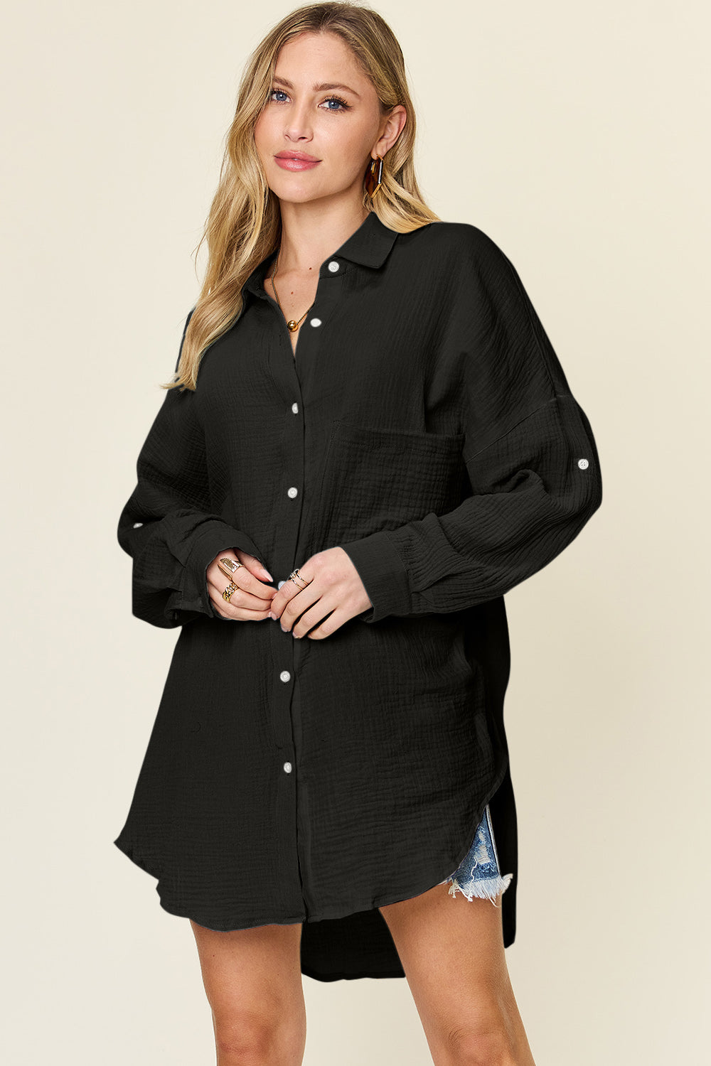 Double Take Full Size Pocketed Texture Button Up Shirt Black Apparel/Tops Double Take Ship from USA TikTok Tops Trendsi USPS Walmart Walmart Apparel Trendsi https://www.cyberehub.com