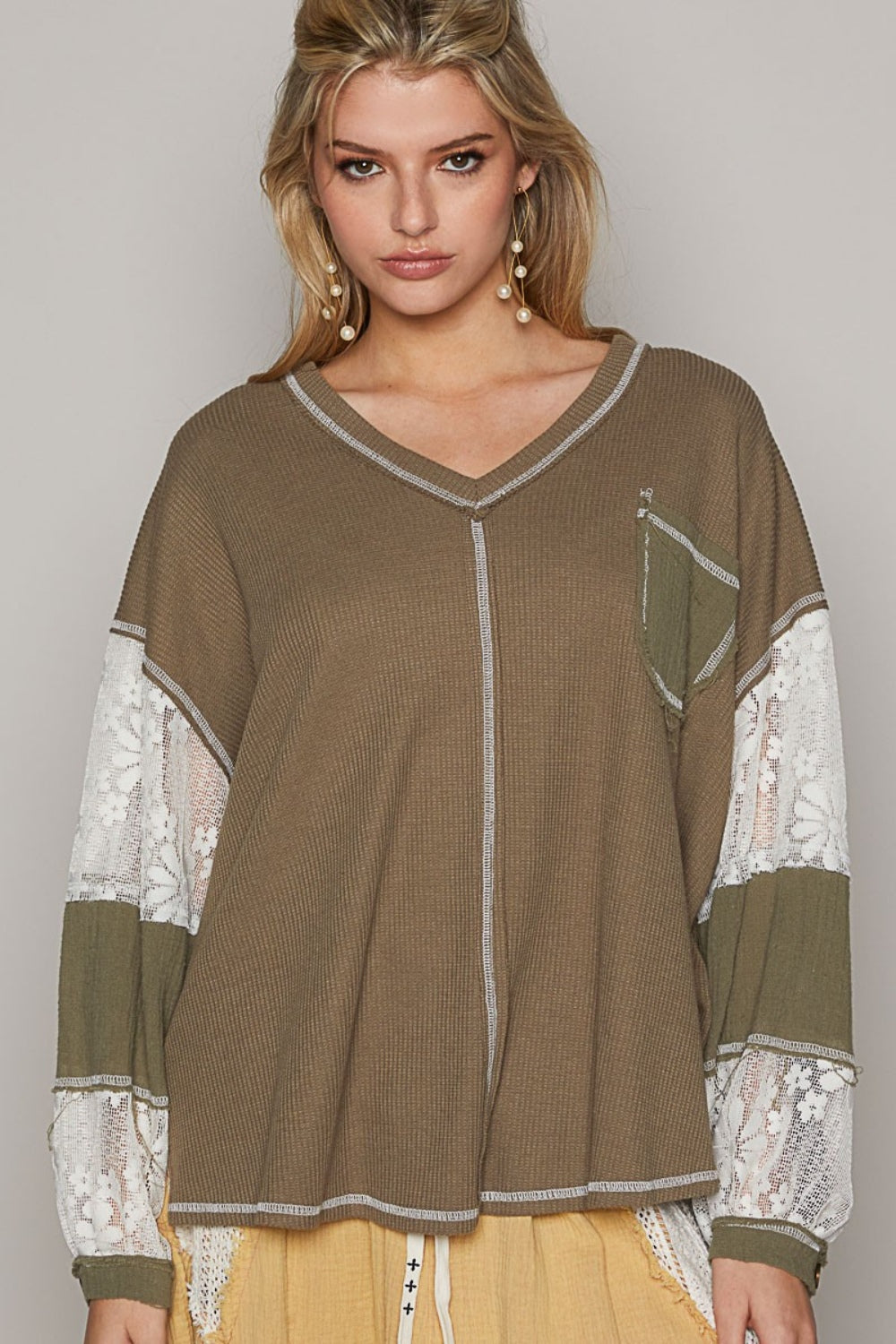 POL V-Neck Lace Balloon Sleeve Exposed Seam Top Apparel/Tops POL Ship from USA TikTok Tops Trendsi USPS Walmart Walmart Apparel Trendsi https://www.cyberehub.com