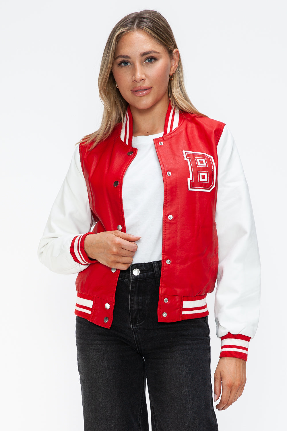Love Me Now PU Leather Contrast Snap Down Bomber Jacket Tops/Jackets/Sweaters Clothing Tops Love Me Now Ship from USA TikTok Trendsi USPS Walmart Trendsi https://www.cyberehub.com