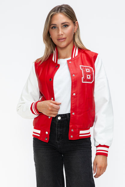 Love Me Now PU Leather Contrast Snap Down Bomber Jacket Tops/Jackets/Sweaters Clothing Tops Love Me Now Ship from USA TikTok Trendsi USPS Walmart Trendsi https://www.cyberehub.com
