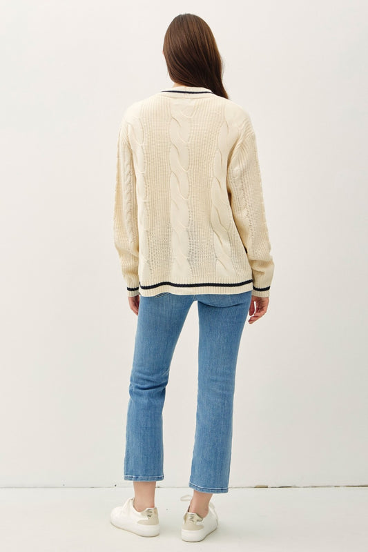 Be Cool Contrast Trim Cable-Knit V-Neck Cardigan Tops/Jackets/Sweaters BE COOL Clothing Tops Ship from USA TikTok Trendsi USPS Walmart Trendsi https://www.cyberehub.com