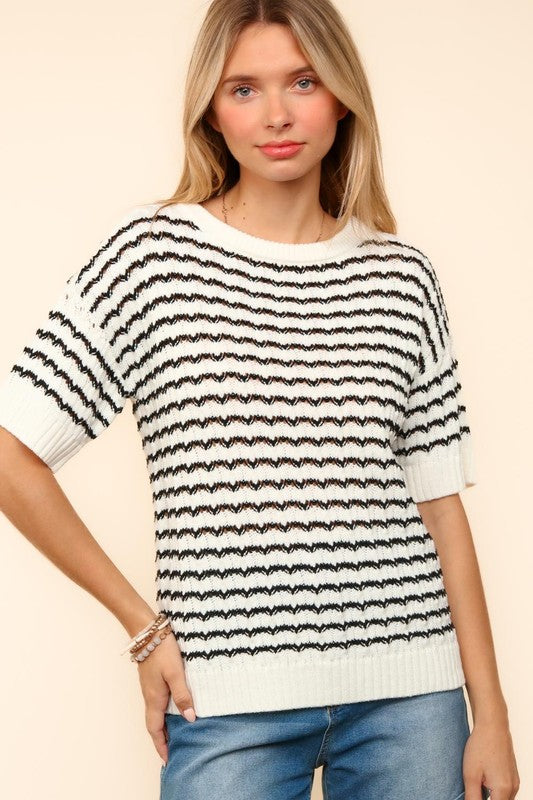 Haptics Openwork Striped Round Neck Half Sleeve Knit Top Ivory Black Apparel Apparel Haptics Ship from USA TikTok Trendsi Trendsi https://www.cyberehub.com
