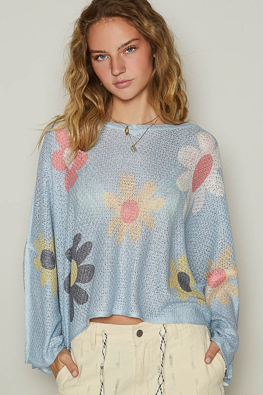 POL Flower Dropped Shoulder Long Sleeve Knit Top Baby Blue Apparel Apparel POL Ship from USA TikTok Trendsi Trendsi https://www.cyberehub.com