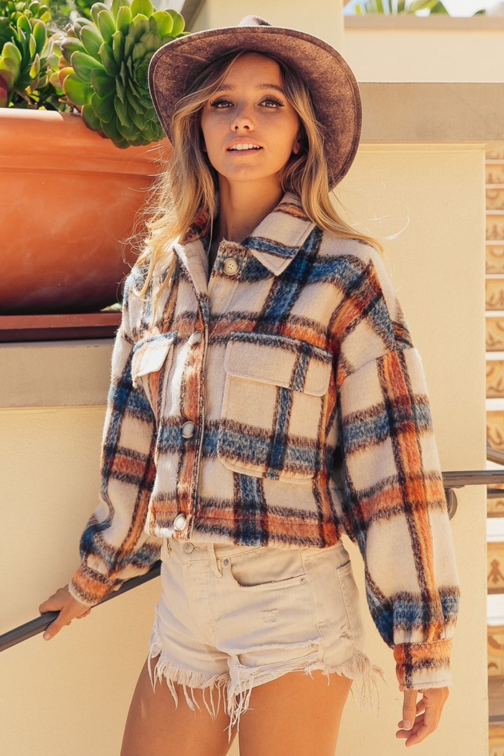 BiBi Brushed Plaid Crop Jacket with Pockets Tops/Jackets/Sweaters BiBi Clothing Tops Ship from USA TikTok Trendsi USPS Walmart Trendsi https://www.cyberehub.com