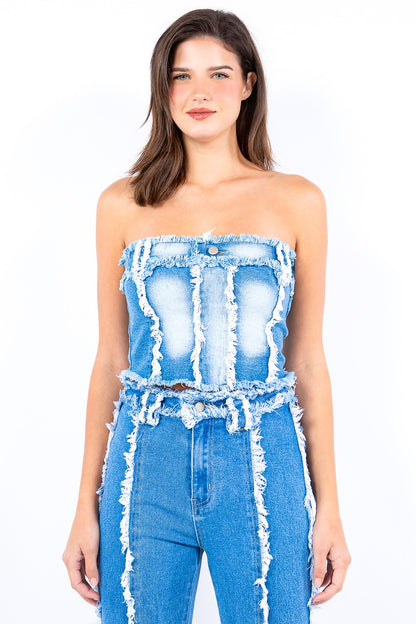 American Bazi Frayed Edge Denim Corset Top LT Blue Tops/Jackets/Sweaters American Bazi Clothing Tops Ship from USA TikTok Trendsi USPS Walmart Trendsi https://www.cyberehub.com