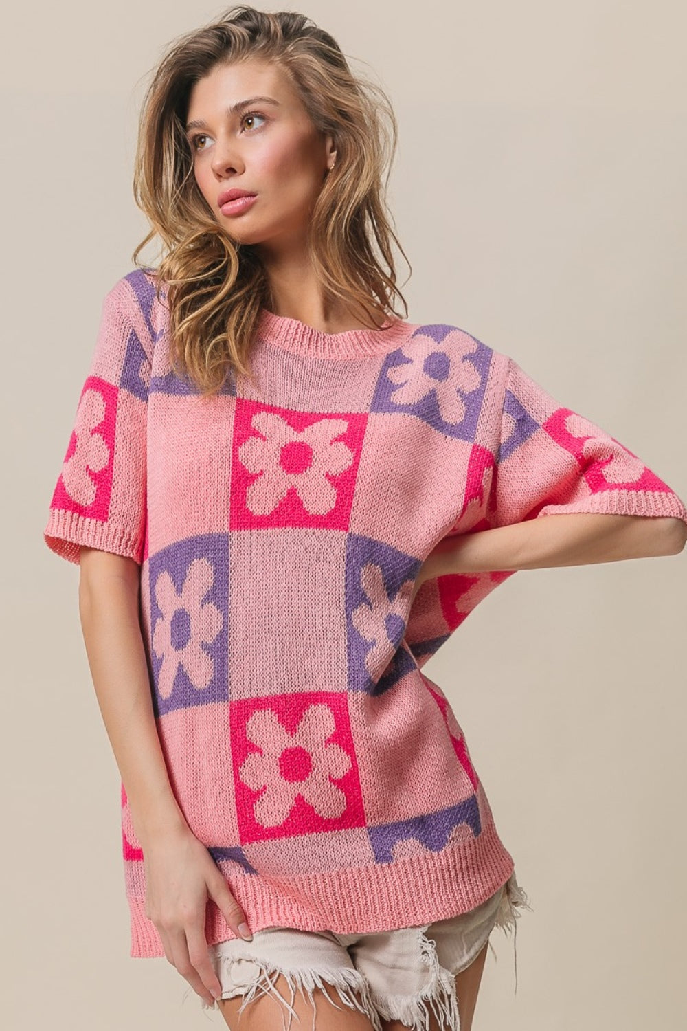 BiBi Flower Checker Pattern Short Sleeve Sweater Shirt Apparel BiBi Clothing Tops Ship from USA Shirts USA Women Trendsi https://www.cyberehub.com