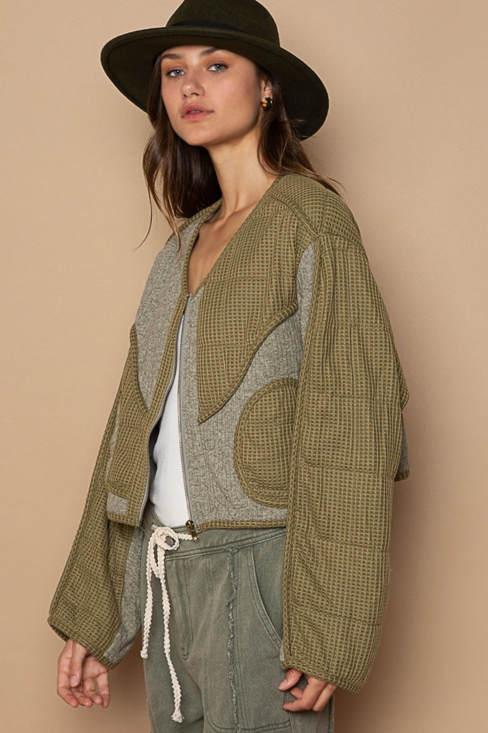 POL Quilted Knit Viding Detail Knit Patch Jacket Shirt Apparel Clothing Tops POL Ship from USA Shirts USA Women Trendsi https://www.cyberehub.com
