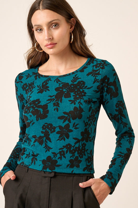 Mittoshop Flower Print Long Sleeve Knit Top Teal Shirt Apparel Clothing Tops Mittoshop Ship from USA Shirts USA Women Trendsi https://www.cyberehub.com