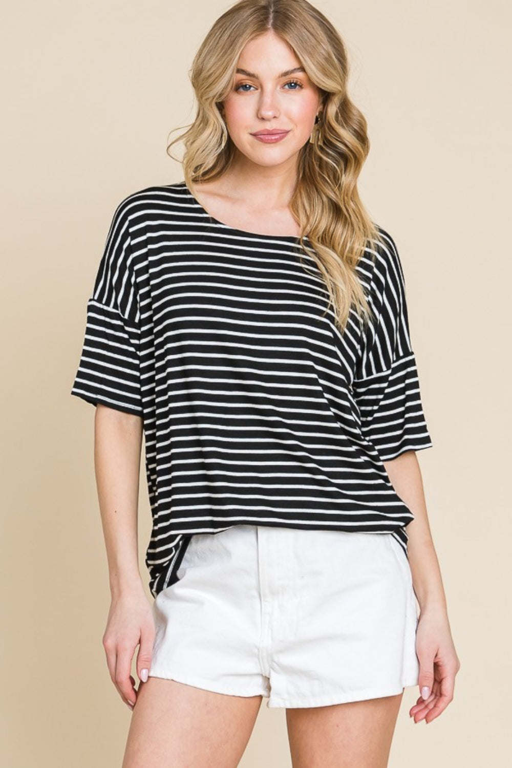 BOMBOM Striped Round Neck T-Shirt Apparel/Tops BOMBOM Ship from USA TikTok Tops Trendsi USPS Walmart Walmart Apparel Trendsi https://www.cyberehub.com