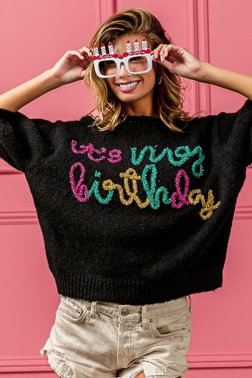 BiBi Metallic Letter Puff Sleeve Hairy Sweater Shirt Apparel BiBi Clothing Tops Ship from USA Shirts USA Women Trendsi https://www.cyberehub.com