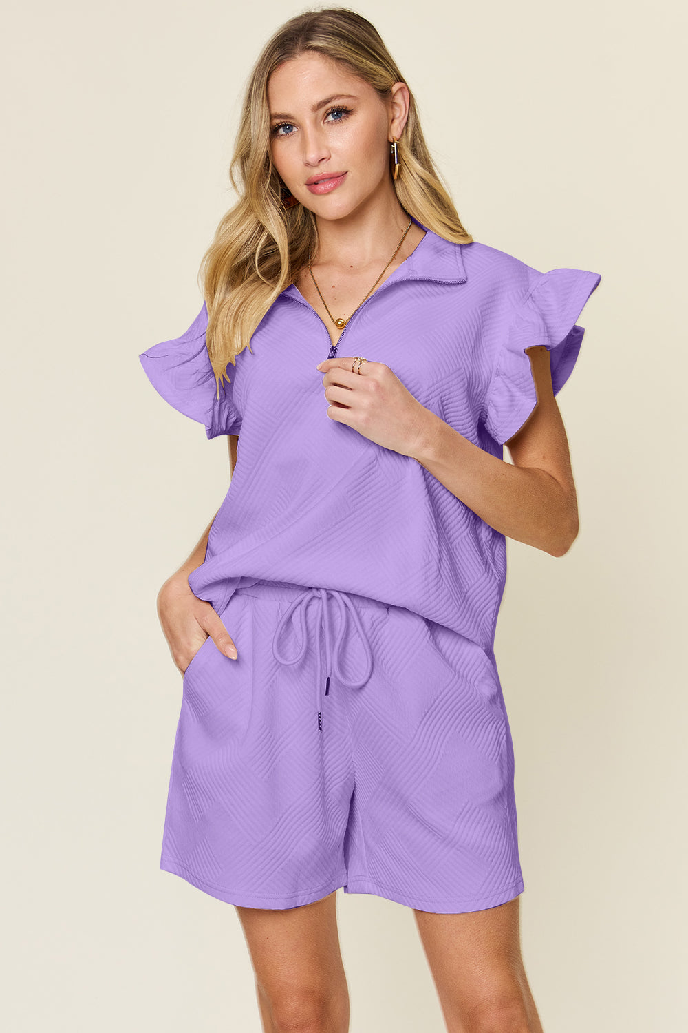 Double Take Full Size Texture Flounce Sleeve Top and Drawstring Shorts Set Lavender Apparel/Tops Double Take Ship from USA TikTok Tops Trendsi USPS Walmart Walmart Apparel Trendsi https://www.cyberehub.com