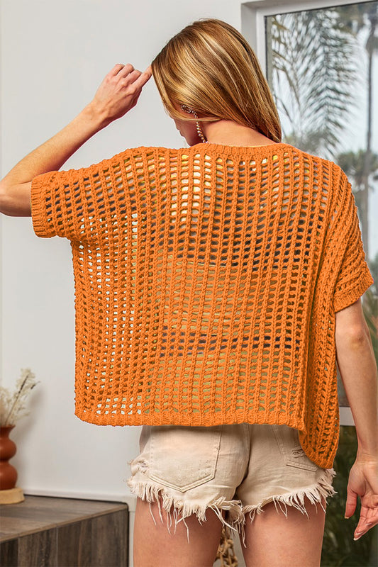 BiBi Hollowed Out Short Sleeve Knit Cover Up Shirt Apparel BiBi Clothing Tops Ship from USA Shirts USA Women Trendsi https://www.cyberehub.com