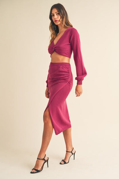 MABLE Front Twisted Knit Top and Midi Skirt Set Shirt Apparel Clothing Tops MABLE Ship from USA Shirts USA Women Trendsi https://www.cyberehub.com