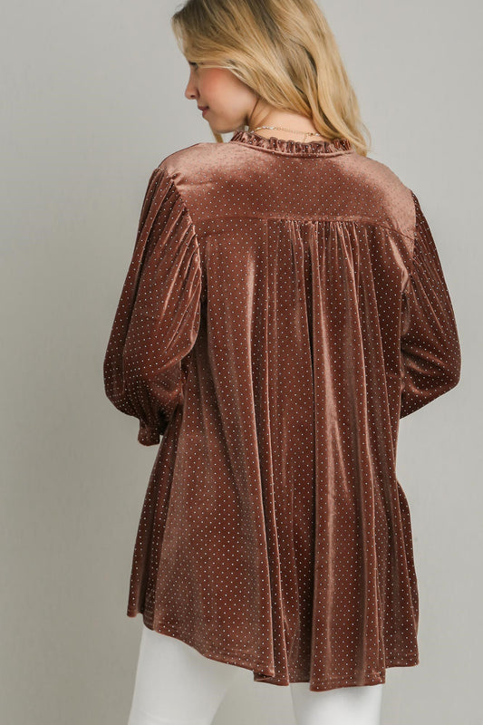 Umgee Full Size Beaded Frill Flounce Sleeve Velvet Babydoll Blouse Apparel Apparel Ship from USA TikTok Trendsi Umgee USA Trendsi https://www.cyberehub.com