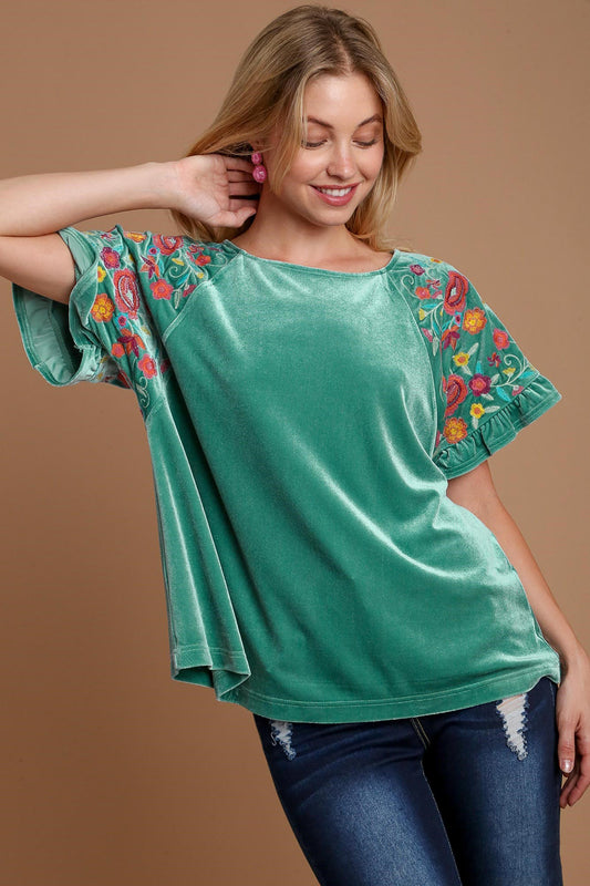 Umgee Velvet Embroidery Short Sleeve Blouse Turquoise Apparel Apparel Ship from USA TikTok Trendsi Umgee USA Trendsi https://www.cyberehub.com