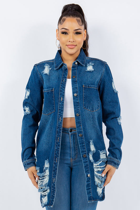 American Bazi Distressed Button Up Long Sleeve Denim Jacket Blue Tops/Jackets/Sweaters American Bazi Clothing Tops Ship from USA TikTok Trendsi USPS Walmart Trendsi https://www.cyberehub.com