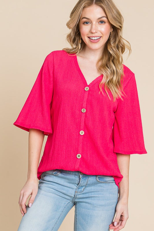 BOMBOM Texture Decorative Button V-Neck Top Fuchsia Apparel/Tops BOMBOM Ship from USA TikTok Tops Trendsi USPS Walmart Walmart Apparel Trendsi https://www.cyberehub.com